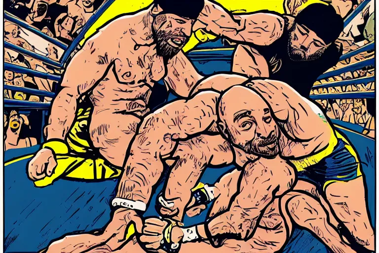 Image similar to Sam Hyde fighting Joe Rogan in the UFC octagon, Mike Judge art style, 90's mtv illustration, clean linework