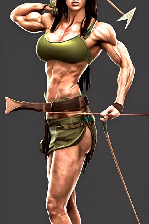 Image similar to laura croft with a bow & arrow, muscles, ripped, toned, muscular