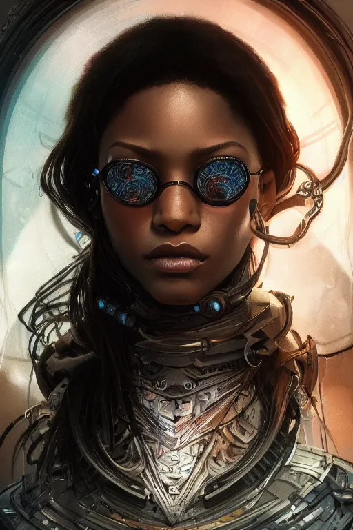 Prompt: ultra realistic illustration, closeup headshot 3 5 mm, black woman, hacknaut cyberpunk, sci - fi, fantasy, intricate, elegant, highly detailed, digital painting, artstation, concept art, smooth, sharp focus, illustration, art by artgerm and greg rutkowski and alphonse mucha