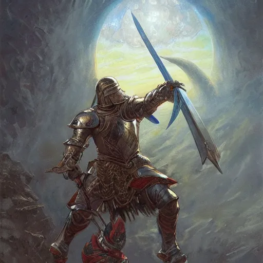 Image similar to A knight wielding the Moonlight Greatsword, art by Donato Giancola and James Gurney, digital art, trending on artstation