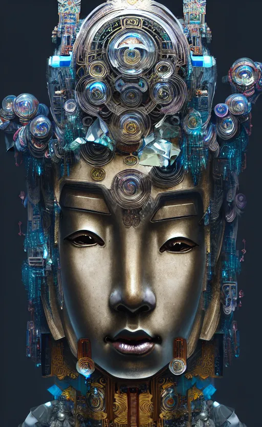 Image similar to thousand - handed guanyin from chinese mythology, ghost, gorgeous and huge head ornaments, dystopian, cyberpunk, mecha, halfturn portrait of a big crystal face made of crystals half - turn, ominous, intricate, studio, art by anthony macbain + greg rutkowski + alphonse mucha, concept art, 4 k, sharp focus