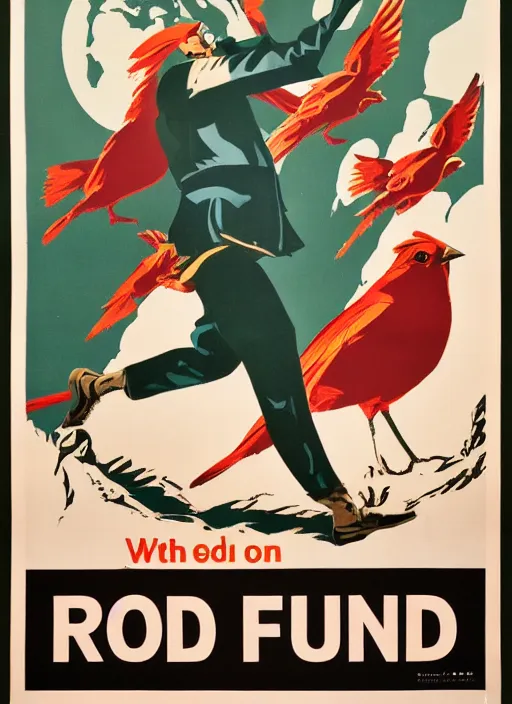 Image similar to propaganda poster instructing to run away from red birds