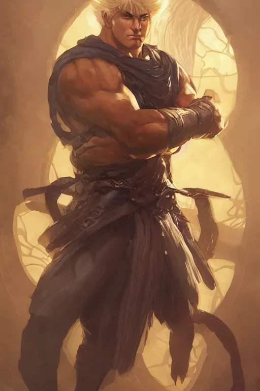 Image similar to cute Hokuto no Ken, light-brown skin, D&D, fantasy, portrait, highly detailed, digital painting, artstation, concept art, sharp focus, illustration, art by greg rutkowski and alphonse mucha