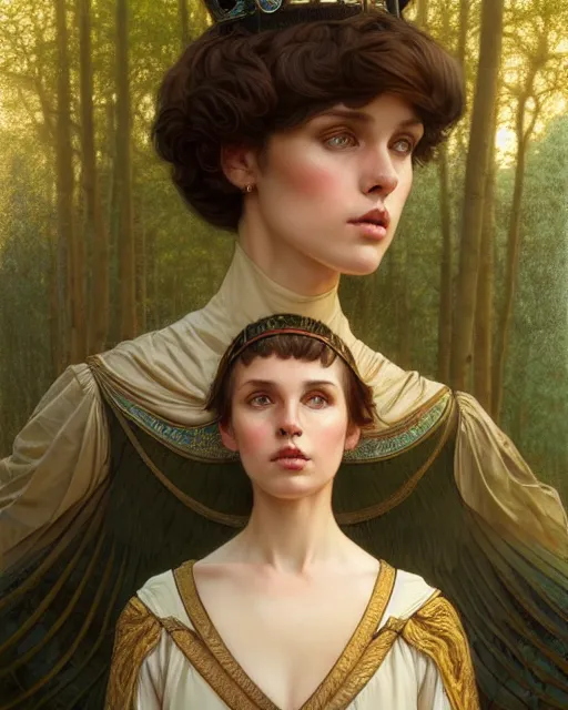 Image similar to symmetry portrait of welsh brunette princess in mans tunic, tomboy, short hair, forest background, intricate, elegant, highly detailed, digital painting, artstation, concept art, smooth, sharp focus, illustration, art by artgerm and greg rutkowski and fra angelico and alphons mucha