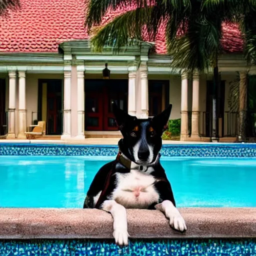 Image similar to a very detailed photo of a dog ( smoking a cigar ) outside the mansion by the pool