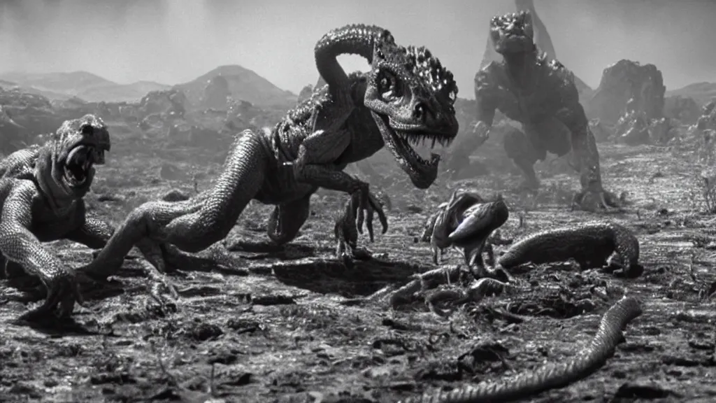 Image similar to movie scene of a man and a draconian humanoid on a space planet, reptil, reptilian, movie still, cinematic composition, cinematic light, criterion collection, reimagined by industrial light and magic, Movie by David Lynch and Ridley Scott