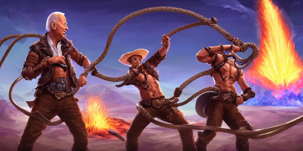 Image similar to joe biden as a cowboy wielding a bullwhip, in front of an erupting crater, league of legends champion splash art, by dang my linh, dynamic lighting