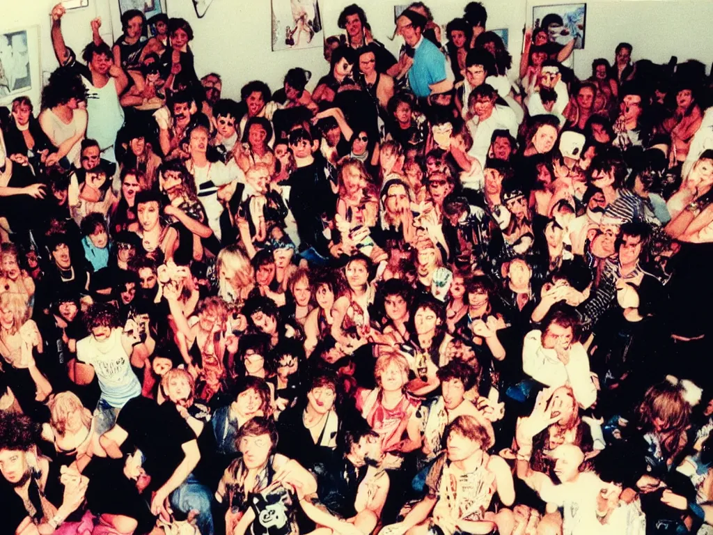 Prompt: 1980s polaroid colour flash photograph of a punk party in an apartment