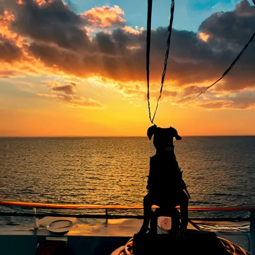 Image similar to a dog dressed like a pirate on a ship at sea at sunset