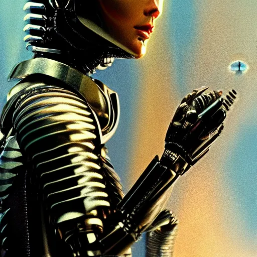 Image similar to Masterpiece closeup portrait of a beautiful Ripley Robocop in a surreal dream landscape, cinematic lighting, Michael Whelan, 8k