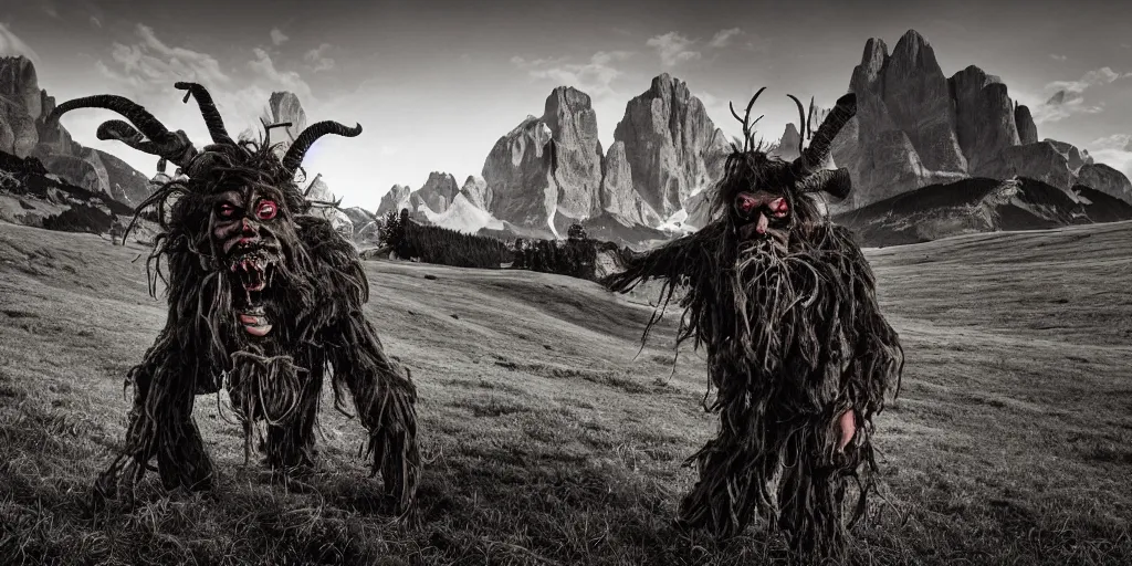 Image similar to historical sharp 4 k photograph of a tyrolean farmer turning into a krampus hay monster with goathorns and roots growing from his face, dolomites in the background, dark, eerie, grainy