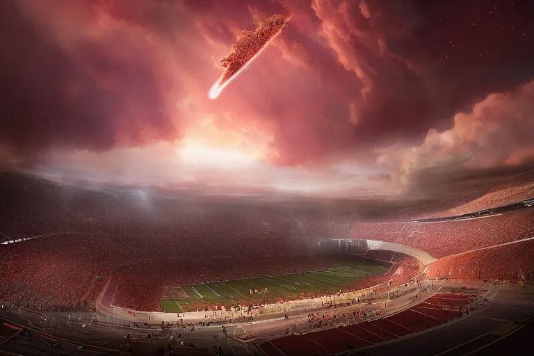 Image similar to meteorites fall from the red sky upon a football stadium, crowds panic, cinematic lighting by Jessica Rossier