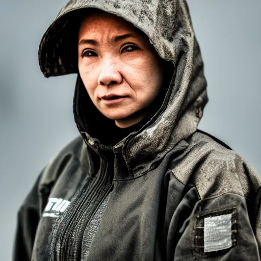 Prompt: photographic portrait of a poor techwear woman, closeup, sigma 85mm f/1.4, 4k, depth of field, high resolution, 4k, 8k, hd, full color