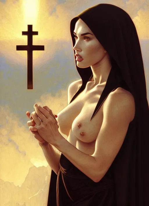 Image similar to portrait of megan fox as a sultry nun, catholic, church, bible, christianism, praying, intrigante, headshot, highly detailed, digital painting, artstation, concept art, sharp focus, cinematic lighting, illustration, art by artgerm and greg rutkowski, alphonse mucha, cgsociety