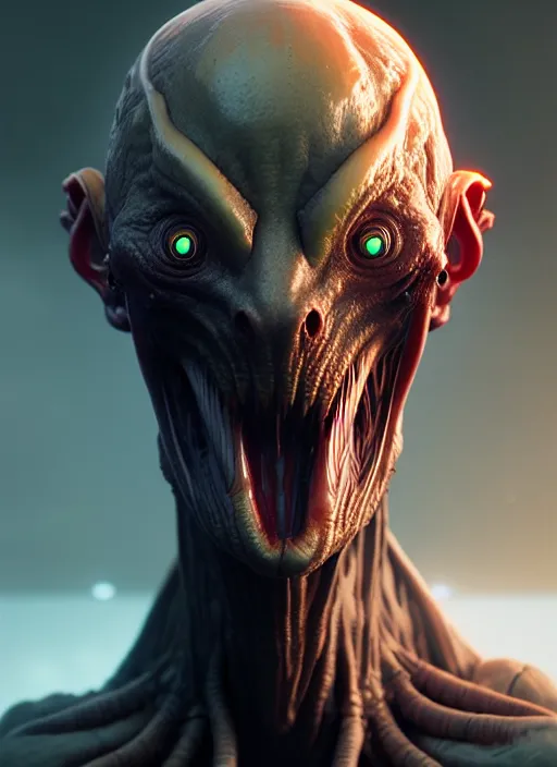 Image similar to portrait of a space alien, varying detailed skin, octane render, piercing glowing eyes, realistic render, detailed, ugly, slimy unreal engine, symmetrical!!, greg rutkowski and ruan jia, cinematic