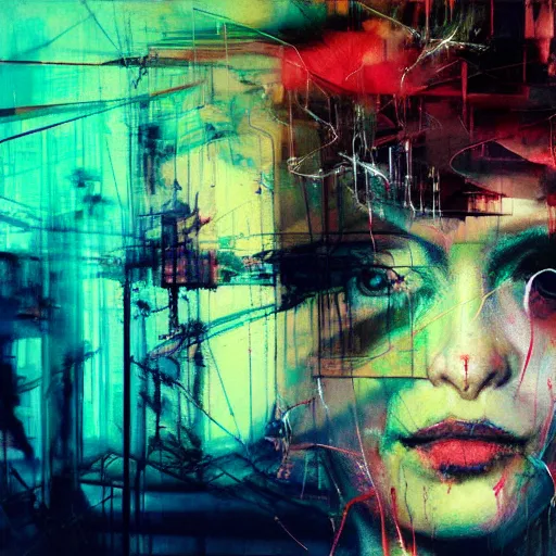 Image similar to i live in vr cyber dreams, glitchcore wires, machines, by jeremy mann, francis bacon and agnes cecile, and dave mckean ink drips, paint smears, digital glitches glitchart