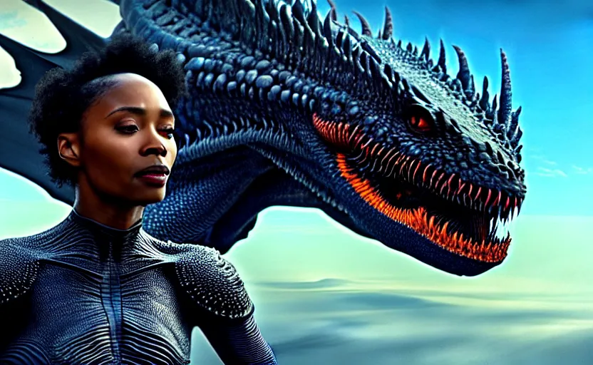 Prompt: realistic detailed photorealistic film close up portrait shot of a beautiful black woman with, sci-fi landscape with a drogon on background by Denis Villeneuve, Amano, Yves Tanguy, Alphonse Mucha, Ernst Haeckel, Andrei Tarkovsky, Edward Robert Hughes, Roger Dean, rich moody colours, wide angle, blue eyes