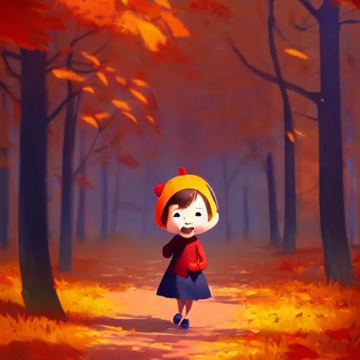 Image similar to goro fujita ilustration a beautiful little girl smiling, walking calmly through an autumn forest, characterized by samantha mash, character art, sharp focus, highly detailed, artstation