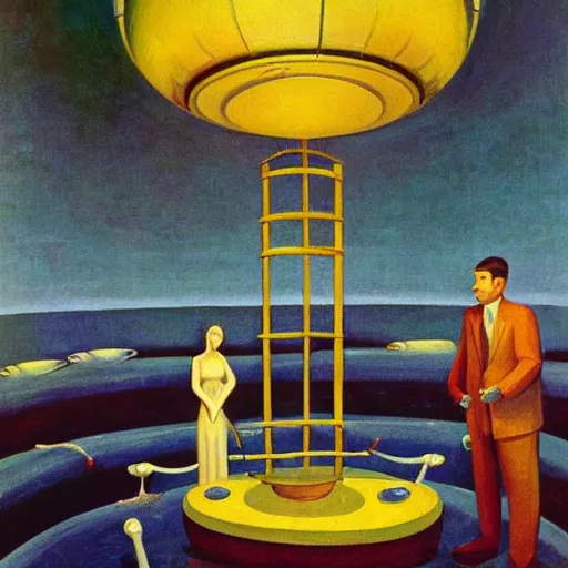 Image similar to deep sea scientists in a giant bathysphere, interior, fantastical, comedic, dystopian, grant wood, pj crook, edward hopper, oil on canvas