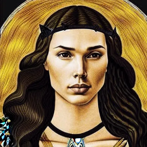 Prompt: gal gadot as a viking shield maiden, elegant portrait by sandro botticelli, detailed, symmetrical, intricate