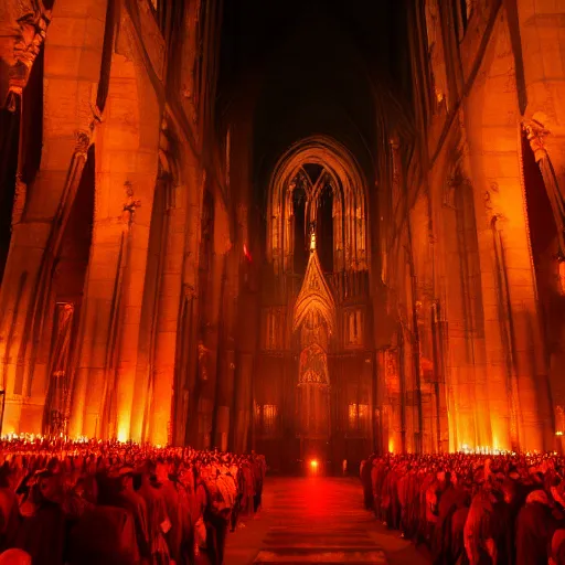 Image similar to A dark cathedral made up of red sandstone lit up by a torches. In the middle of the cathedral is a bonfire surrounded by cultists in red hoods. Their backs facing towards the camera.