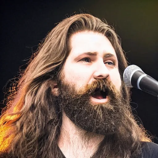 Image similar to bearded long - haired ross cheairs singing on stage