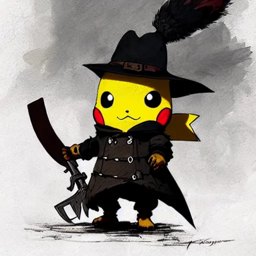 Image similar to pikachu as a hunter in bloodborne, in a back alley wielding a machete and a blunderbuss, art by greg rutkowski, intricate, elegant, highly detailed, smooth, sharp focus, artstation