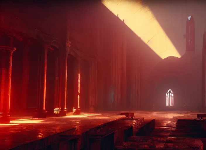 Prompt: ancient church of worship with red shafts of light in destiny 2, foggy, liminal, dark, dystopian, beautiful architecture, abandoned, highly detailed 4 k 6 0 fps destiny 2 promotional poster image wallpaper expansion