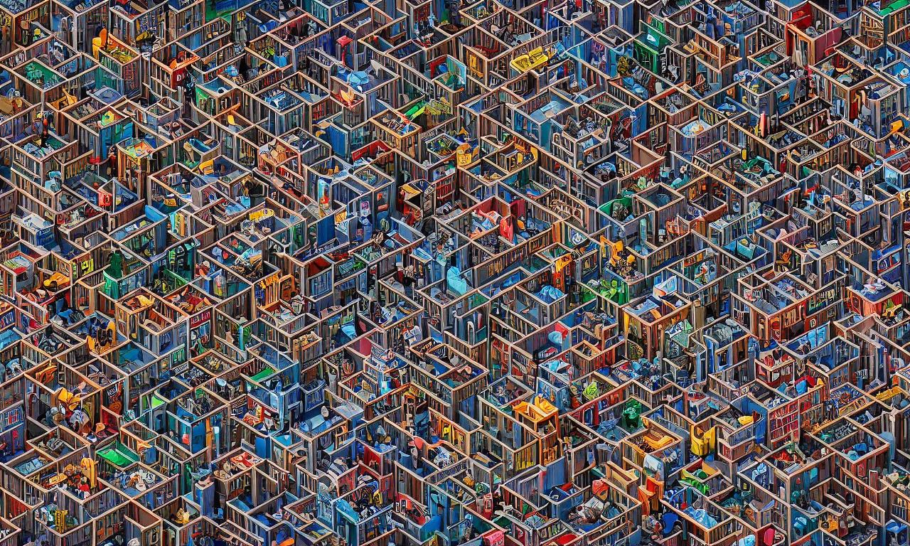 Prompt: I Spy books and toys, where's waldo cityscape by MC Escher, Maurits Cornelius Escher, unreal 5, hyperrealistic, octane render, cosplay, RPG portrait, dynamic lighting