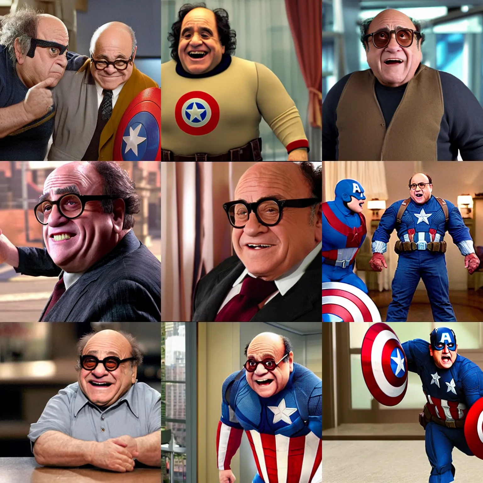 Prompt: < photo hd >!! danny devito!! as ( ( captain america ) ) in ( ( pixar movie ) ) < / photo >