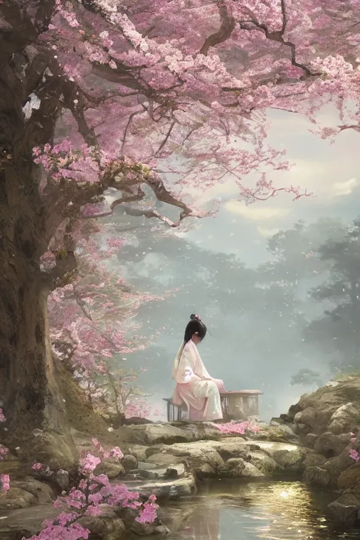 Prompt: a beautiful picture of sakura blooming, shrine, girl in hanfu, by greg rutkowski and thomas kinkade, trending on artstation