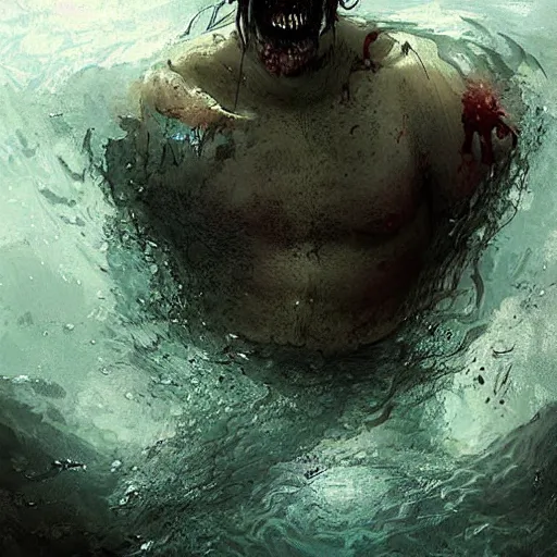 Image similar to a man swimming underwater in a zombie apocalypse by greg rutkowski