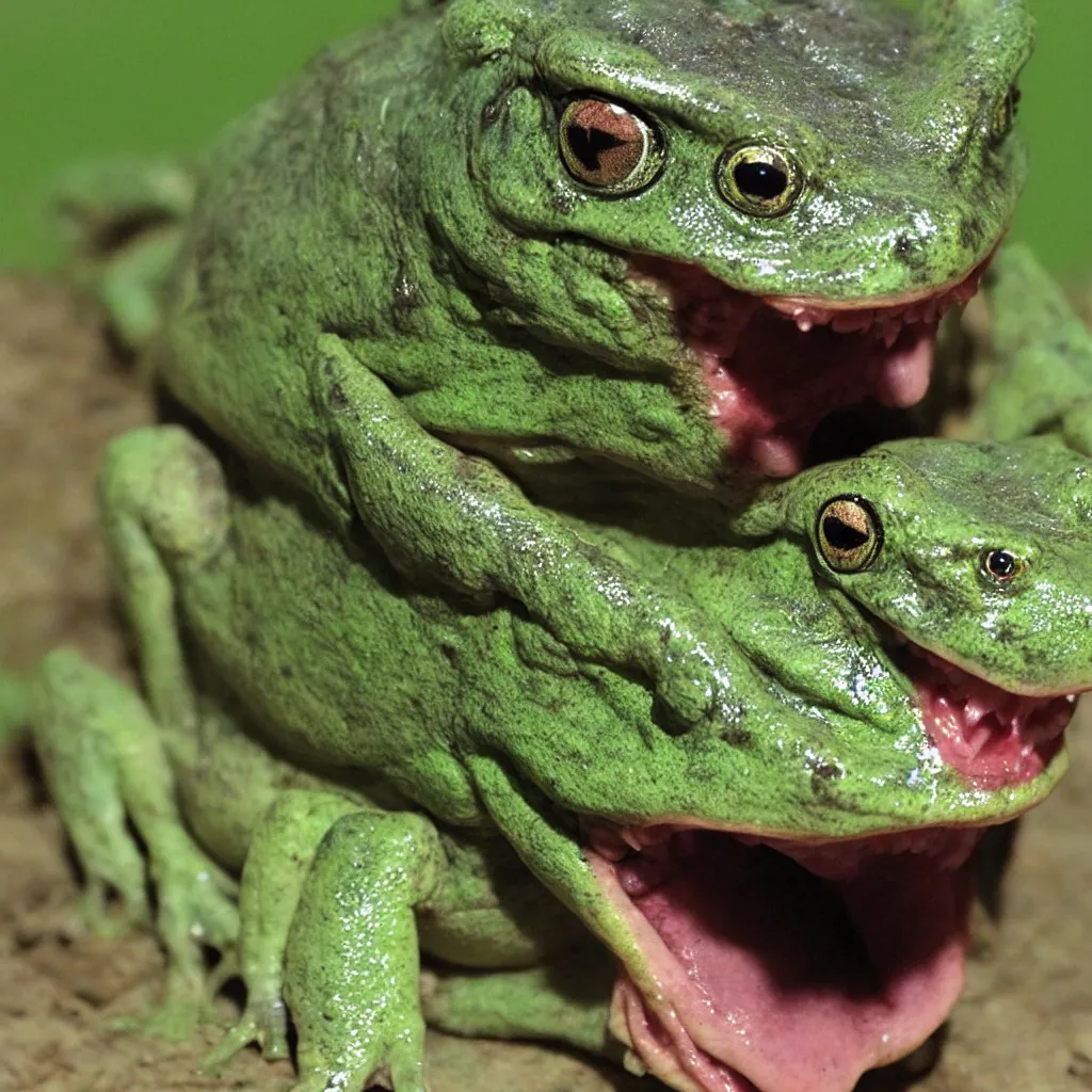 Image similar to horrifying bullfrog creature, fangs, demonic