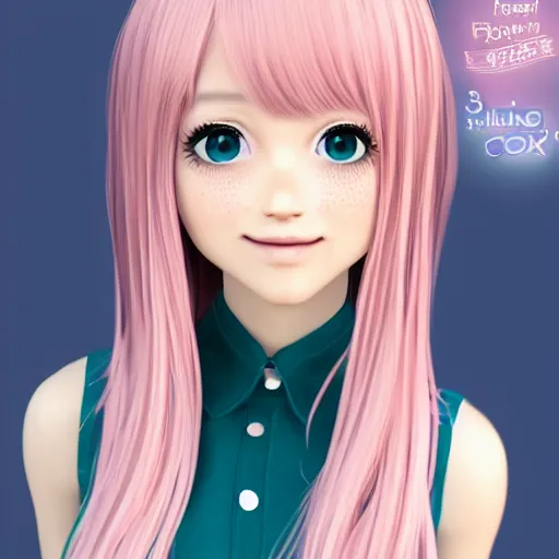 Image similar to Render of Nikki from Shining Nikki Dress-Up Game, a cute 3D young woman, long light pink hair, full bangs, full round face, hazel amber eyes, pale skin, cute freckles, light blush, Chinese heritage, smiling softly, wearing casual clothing, interior lighting, cozy home background, medium shot, mid-shot, hyperdetailed, trending on Artstation, Unreal Engine 4k