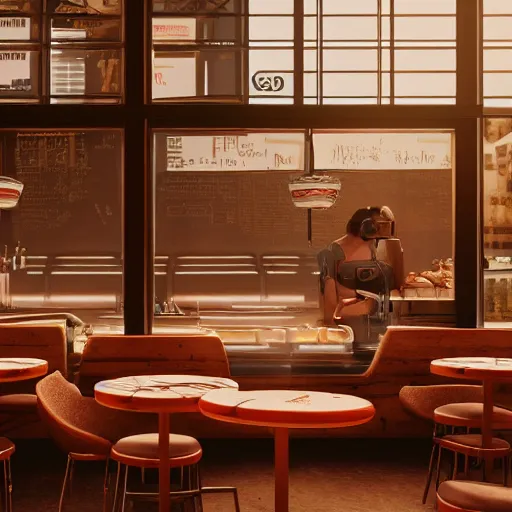 Prompt: Donuts at a cafe, muted cyberpunk style, tranquil, desolate, atmospheric, hazy, sweltering, autochrome, 8k, reflections, octane render, unreal engine 5