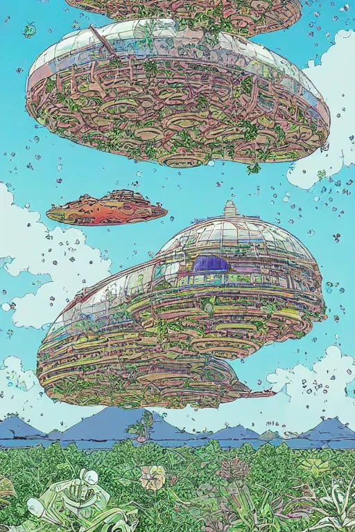 Image similar to multi level botanical garden spaceship floating in space, calm, tranquil, faded effect, detailed, vaporwave colors, by geof darrow, geof darrow art,