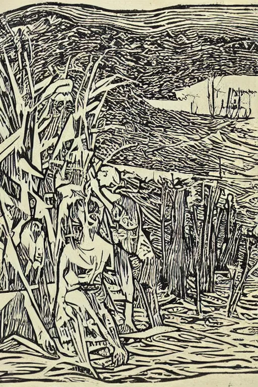 Prompt: woodcut by lucien pisarro