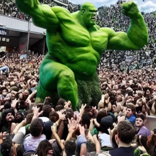 Prompt: photo of the green - giant crushing a crowd of people