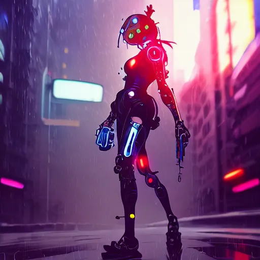 Prompt: refractions on lens, full round face, biomechanical details, beautiful cyborg girl fighting a mech in the style of arcane, cyberpunk anime art, full body shot, rain, wet street, window reflections, lens flare, wlop, ilya kuvshinov, artgerm, krenz cushart, greg rutkowski