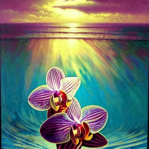 Image similar to detailed intricate orchid flower surrounded by ocean wave, water, ripples, transparent droplets, backlit, sunset, refracted lighting, art by collier, albert aublet, krenz cushart, artem demura, alphonse mucha