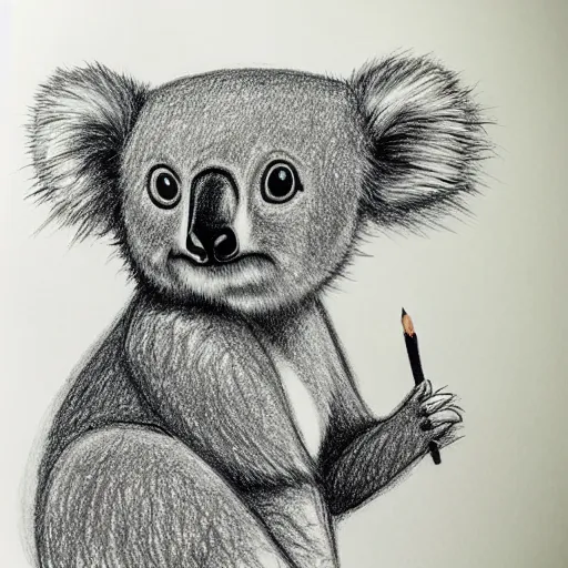 Image similar to a hand drawn pencil sketch of a quizzical koala staring at a bubble black and white illustration