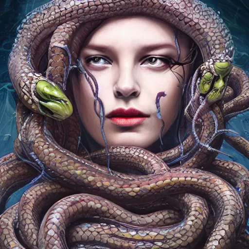 Image similar to Beautiful medusa woman sitting covered in snakes,full character, melting ,8k,by tristan eaton,Stanley Artgermm,Tom Bagshaw,Greg Rutkowski,Carne Griffiths, Ayami Kojima, Beksinski, Giger,trending on DeviantArt,face enhance,hyper detailed,minimalist,horror, android, full of colour