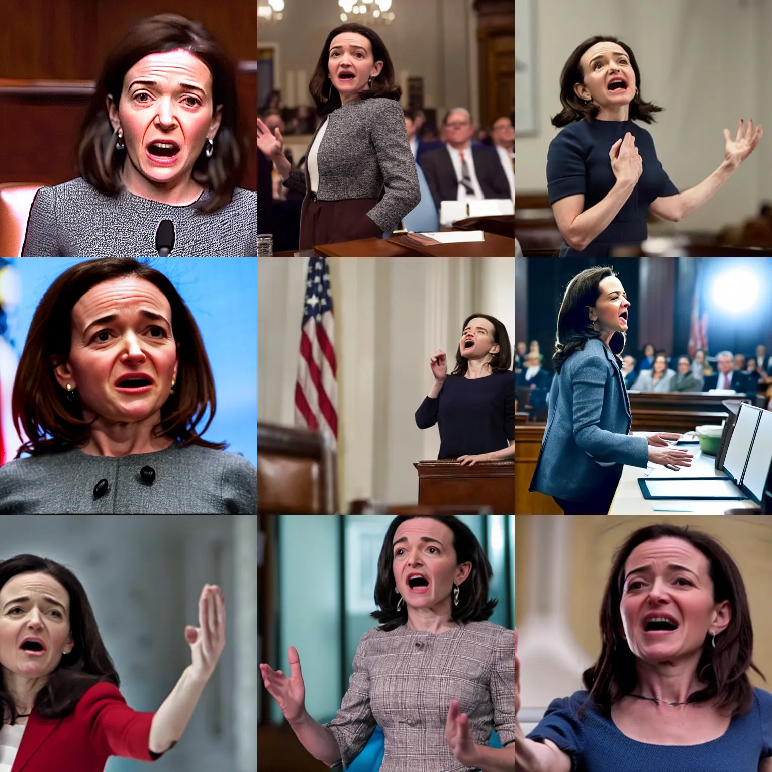 Prompt: Movie still of Sheryl Sandberg standing up and screaming at Congress in Facebook The Movie (2017), directed by Steven Spielberg