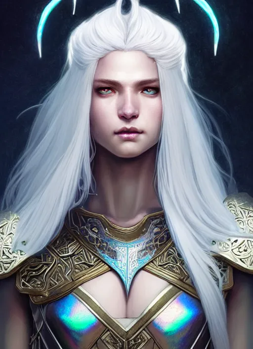 Image similar to light iridescent armor!!! long wild white hair!! covered chest!!! fantasy, d & d, intricate ornate details, digital painting, pretty face!!, symmetry, concept art, sharp focus, illustration, art by artgerm! greg rutkowski magali villeneuve wlop! ilya kuvshinov!!, octane render