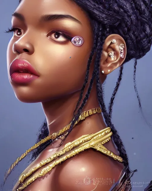 Prompt: fancy side portrait concept art of a gorgeous dark skinned goddess with decorated braided hair and crystals on her cheeks and forehead, by wlop and Ross Tran and sam yang and mandy jurgens and viktoria gavrilenko, identical eyes, gazing eyes, stunning, gorgeous, beautiful eyes medium shot, fantasy, featured on artstation, cinematic lighting, hyperdetailed, cgsociety, 8k, golden ratio, dark atmosphere, dramatic, alluring