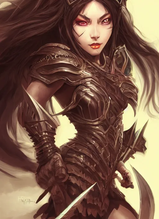 Image similar to beautiful warrior lady, black long hair, practical armor, brown skin, demonic eyes, low fantasy, extremely detailed, sharp focus, smooth, digital illustration, by rossdraws, frank franzzeta, sakimichan