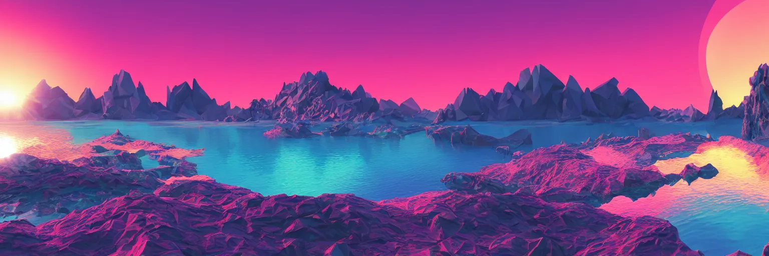 Image similar to super detailed color art, a sinthwave northern sunset with rocks on front, lake in the middle of perspective and mountains at background, unreal engine, retrowave color palette, 3d render, lowpoly, colorful, digital art