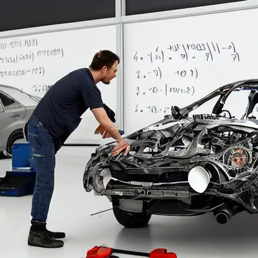 Prompt: a photo of Two car technicians fixing a futuristic car in a futuristic workshop , a blackboard covered with mathematical equations in the background, photo realistic, extremely detailed