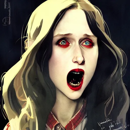 Image similar to in the style of Joshua Middleton and artgerm, Norman Rockwell, evil vampire Taissa Farmiga open mouth with large sharp fangs, waist up, middle shot, moody lighting