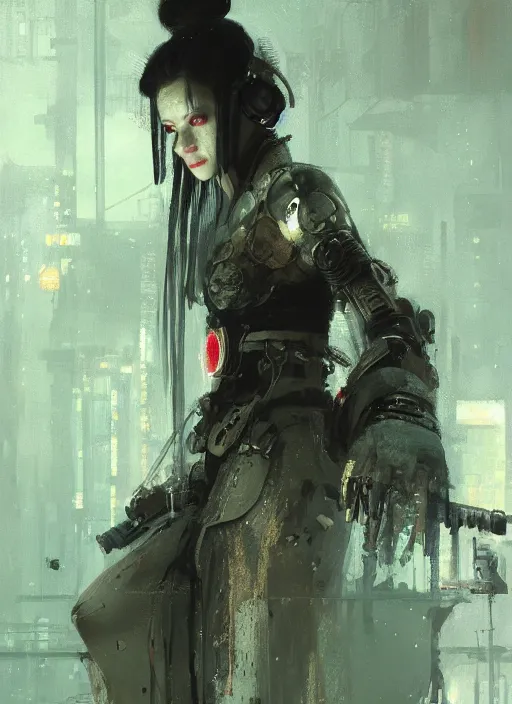 Image similar to cyberpunk geisha, rule of thirds, intricate outfit, spotlight, by greg rutkowski, by jeremy mann, digital painting